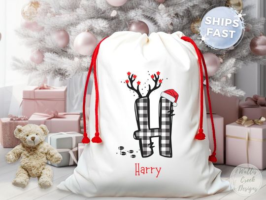 Personalized Initial Christmas Santa Sack, Custom Name Canvas Gift Bag