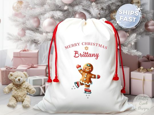 Personalized Gingerbread Santa Sack, Custom Christmas Gift Bag