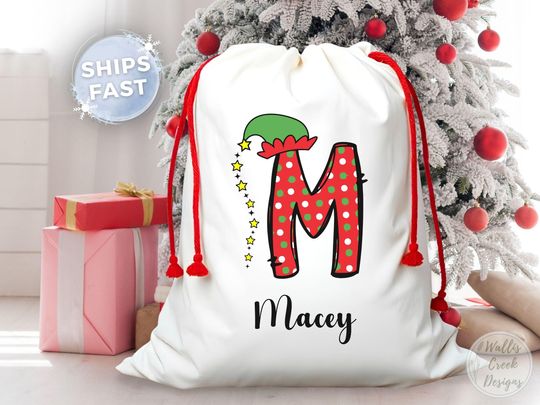 Discover Personalized Elf Hat Santa Sack, Custom Monogram Canvas Xmas Bag