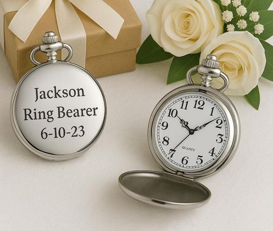 Personalized Ring Bearer Pocket Watch Gift Custom Engraved Wedding Keepsake Junior Groomsman Usher Gift