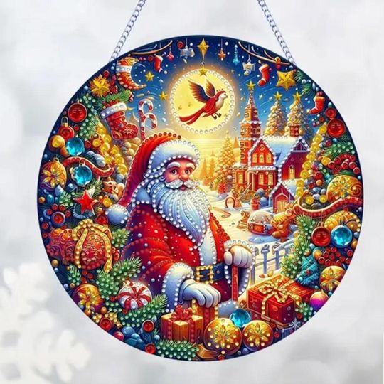 Discover Santa Christmas Sun Catcher Diamond Painting Kit, Single Sided DIY Hanging Holiday Decor