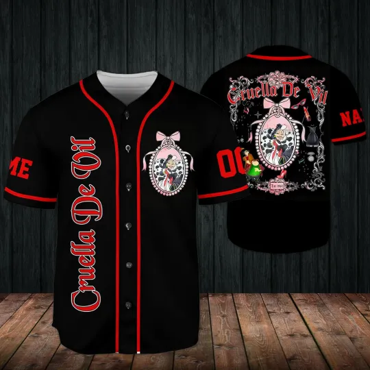 Discover Personalized Cruella De Vil Baseball Jersey with Mirror Coquette Bow Halloween