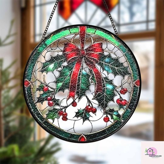 Discover Holly Bow Stained Glass Suncatcher - Holiday Home Decor