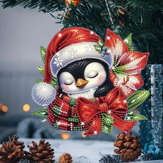Discover Sleepy Christmas Penguin Sun Catcher Diamond Painting Kit - Single Sided DIY Holiday Decor