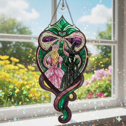 Elphaba and Glinda Suncatcher, Wicked Suncatcher, Handmade Decor,Wicked Musical Decor, Stained Glass Witch Art, Wizard of Oz Gift