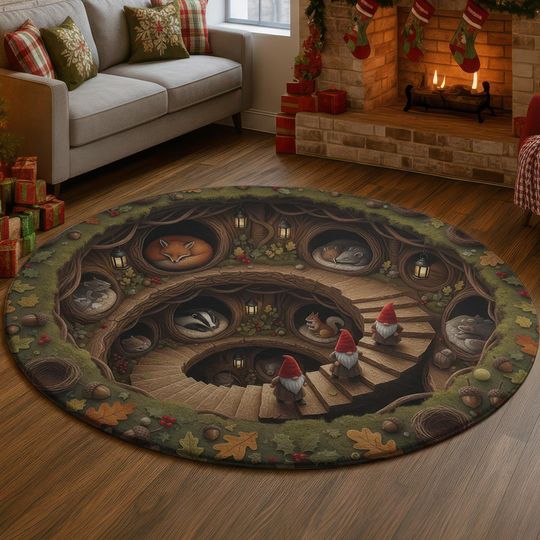 3D Forest Animal Gnome Burrow Rug, Autumn Leaves Stair Illusion Carpet, Cozy Fall Woodland Floor Mat, Cabin Home Decor
