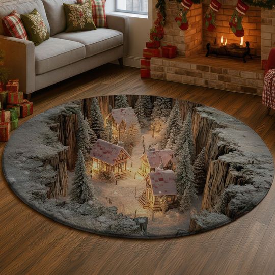 3D Christmas Village Rug, Snowy Forest Town Carpet, Cozy Winter Cabin Floor Mat, Glowing Light Holiday Home Decor, Log Cabin Gift