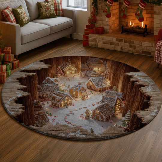 3D Gingerbread Village Rug, Deep Hole Illusion Mat, Sweet Christmas House Carpet, Winter Holiday Home Floor Decor, Unique Xmas Gift