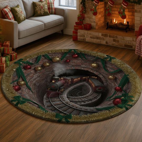 3D Christmas Train Tunnel Rug, Holiday Gold Tinsel Illusion Carpet, Festive Red Ornament Floor Mat, Winter Home Decor Gift