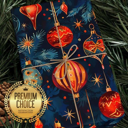 Discover Cerulean Blue Christmas Wrapping Paper with Scarlet and Gold Ornaments, Crimson Stars, and Golden Accents for Holiday Presents