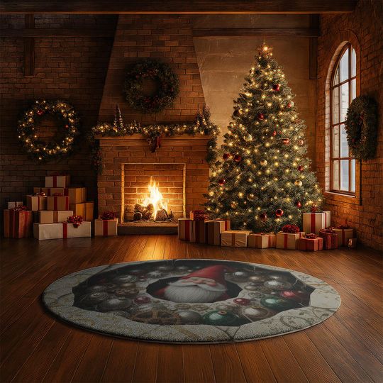 Discover 3D Christmas Ornament Gnome Rug, Mechanic Gear Illusion Carpet, Festive Red Gold Floor Mat, Whimsical Holiday Home Decor