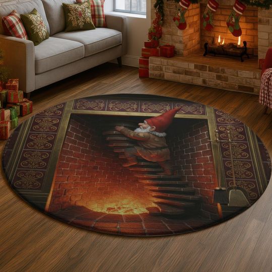 Discover 3D Fireplace Chimney Gnome Rug, Red Brick Illusion Carpet, Climbing Santa Elf Floor Mat, Cozy Rustic Home Decor, Unique Christmas Gift