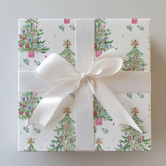 Discover Grandmillennial Christmas Wrapping Paper, Hand Painted Trees Gift Wrap, Pink Blue Green Red Holiday Paper, Vintage Christmas Decor