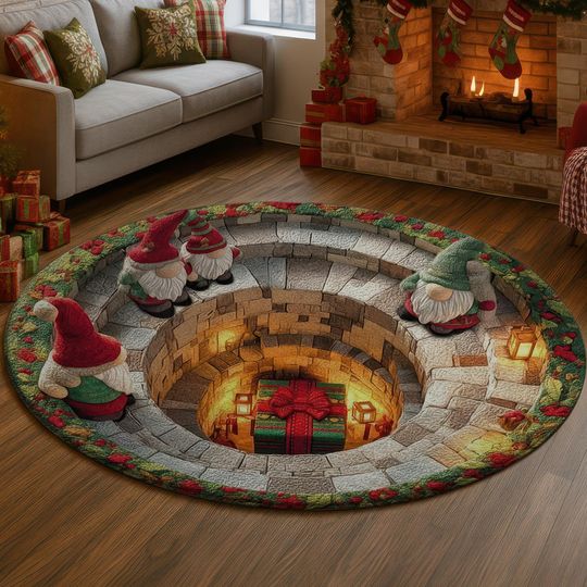 3D Christmas Gnome Rug, Festive Green Red Stairwell Illusion Carpet, Holiday Gift Box Pit Floor Mat, Cozy Xmas Home Decor