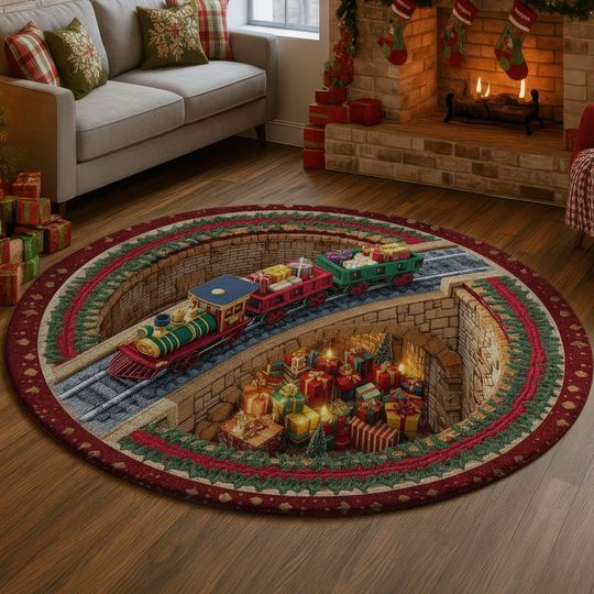 Discover Christmas Train Tunnel 3D Illusion Rug, Red Green Gold Festive Carpet, Holiday Village Round Mat, Cozy Xmas Floor Decor Gift Idea