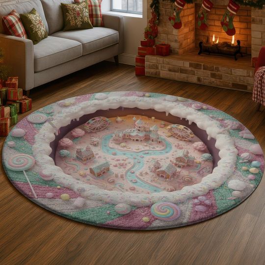 Discover Candyland 3D Illusion Rug, Pastel Sweet Christmas Hole Carpet, Cute Holiday Decor Mat, Festive Candy Village Rug, Cozy Gift Idea