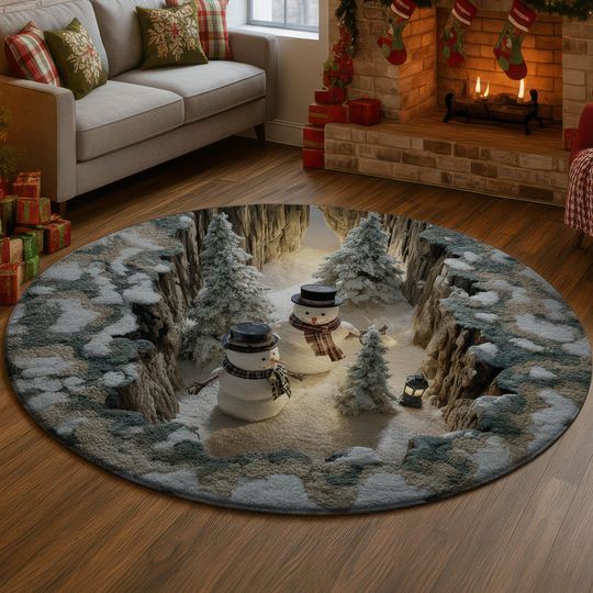 3D Snowman Illusion Rug, Winter Forest Scene Carpet, Festive Snow Person Floor Mat, Snowy Canyon Xmas Home Decor, Holiday Gift Idea