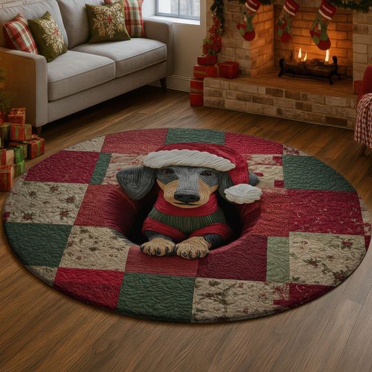 Discover Dachshund Christmas 3D Illusion Rug, Funny Dog Hole Carpet, Red Green Quilt Decor Mat, Cozy Holiday Home Rug, Festive Pet Gift