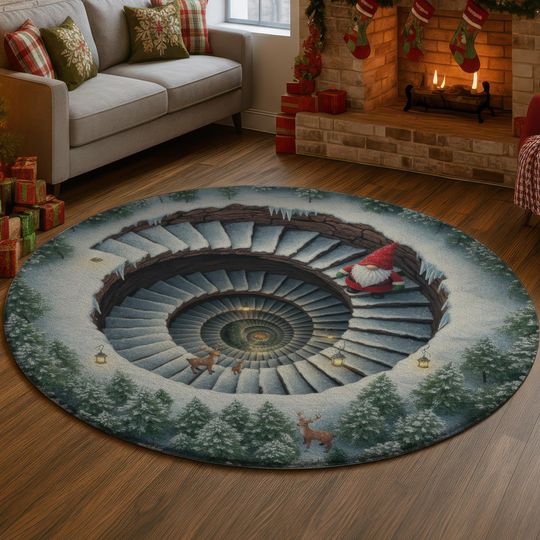 Discover 3D Snowy Spiral Forest Rug, Winter Gnome Depth Illusion Carpet, Christmas Staircase Floor Mat, Cozy Holiday Home Decor Gift Idea
