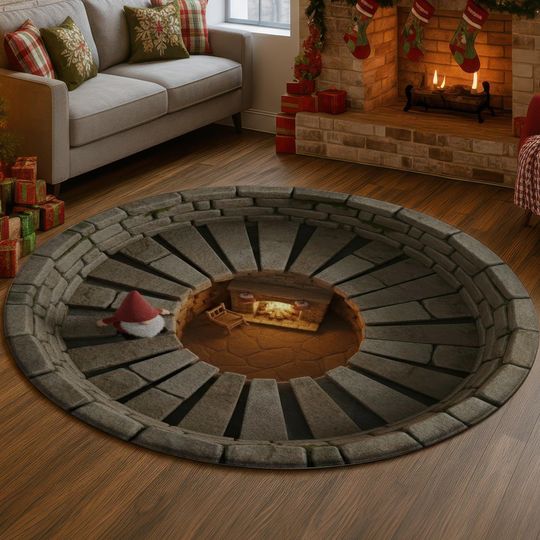 Discover 3D Stone Fireplace Tunnel Rug, Cozy Winter Gnome Illusion Carpet, Rustic Warm Glow Floor Mat, Holiday Cabin Home Decor Gift Idea