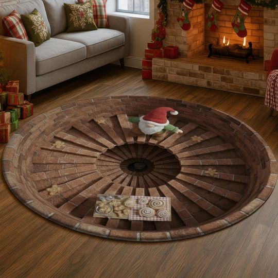 3D Gingerbread Brick Tunnel Rug, Christmas Gnome Illusion Floor Mat, Cozy Holiday Depth Carpet, Warm Brown Xmas Home Decor Gift Idea