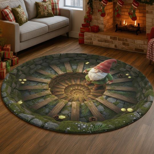 Discover 3D Forest Well Gnome Rug, Moss Stone Depth Illusion Carpet, Woodland Christmas Floor Mat, Warm Glow Holiday Home Decor Gift Idea
