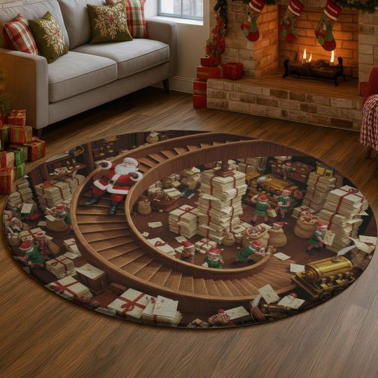 Discover 3D Workshop Staircase Rug, Elf Toy Factory Illusion Carpet, Christmas Gift Room Floor Mat, Cozy Holiday Home Decor Festive Depth Rug