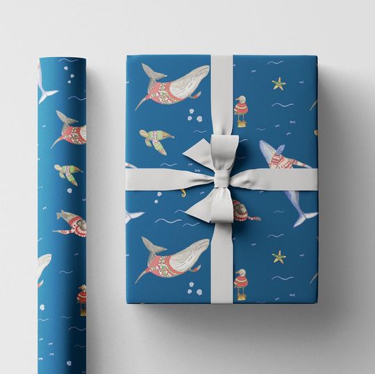 Discover holiday sea animals, Coastal Christmas Gift Wrap, Ocean Wrapping Paper, Animals with sweaters, Ugly Sweater gift wrap