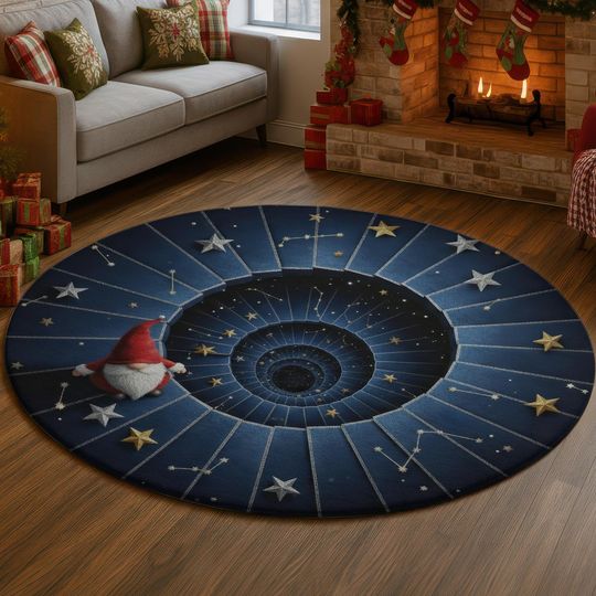 Discover 3D Constellation Gnome Rug, Deep Star Tunnel Illusion Carpet, Midnight Blue Celestial Round Mat, Cozy Cosmic Winter Home Decor