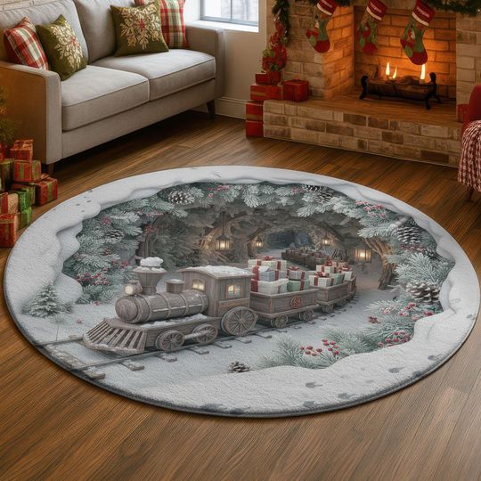 3D Winter Snow Train Rug, Cozy Forest Tunnel Illusion Carpet, Frosty Holiday Railway Floor Mat, Christmas Cabin Style Home Decor