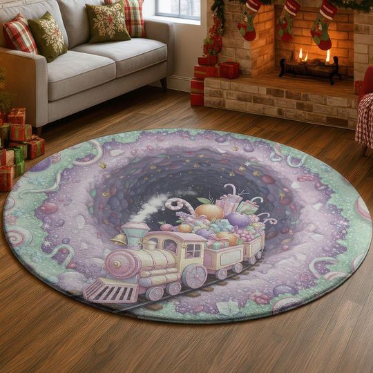 Discover 3D Candy Pastel Train Rug, Sweet Fantasy Tunnel Illusion Carpet, Whimsical Holiday Round Mat, Soft Pastel Xmas Home Decor