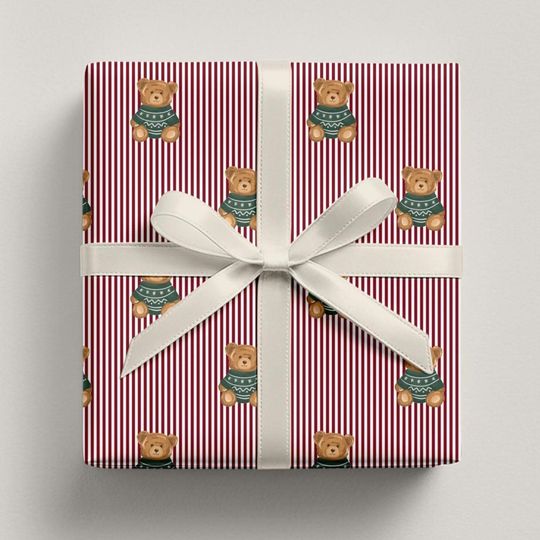Luxury Preppy Christmas Wrapping Paper Roll, Burgundy Green Teddy Bear Gift Wrap, Classic Holiday Stripe, Old Money Christmas Decor