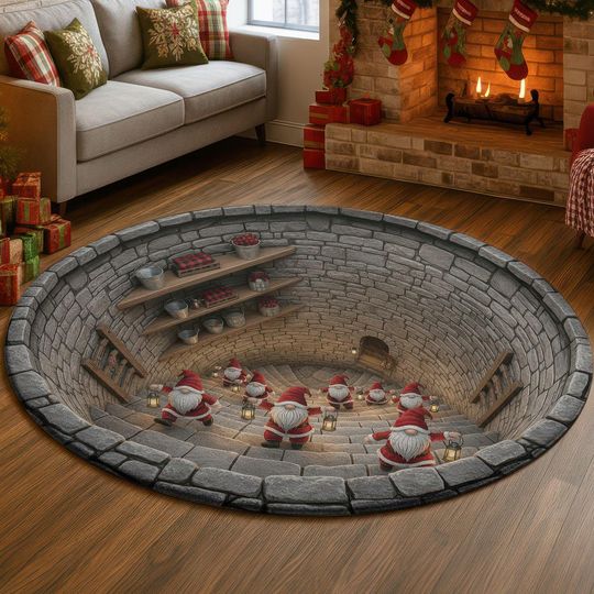 Discover 3D Stone Stair Gnome Rug, Deep Tunnel Illusion Christmas Carpet, Cozy Lantern Holiday Round Mat, Rustic Winter Home Decor