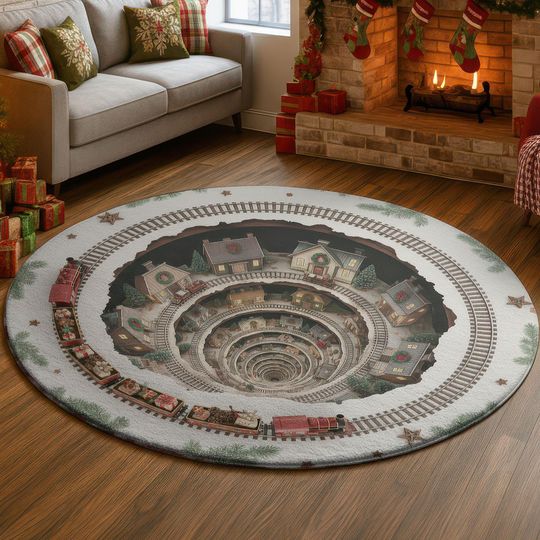 Discover 3D Christmas Village Train Rug, Snowy Town Tunnel Illusion Carpet, Cozy Holiday Railway Round Mat, Winter Home Decor Gift Idea