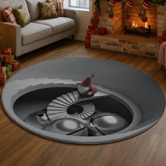 Discover 3D Spiral Stair Gnome Rug, Deep Gray Tunnel Illusion Carpet, Modern Industrial Round Mat, Minimalist Holiday Winter Home Decor