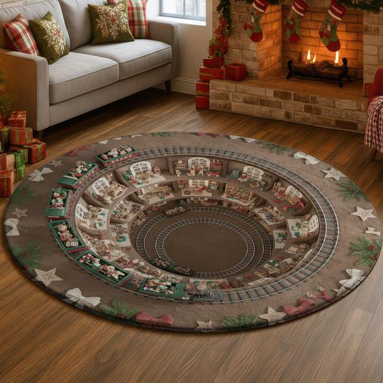 Discover 3D Christmas Workshop Train Rug, Cozy Holiday Tunnel Illusion Carpet, Festive Toy Shop Round Floor Mat, Warm Winter Home Decor