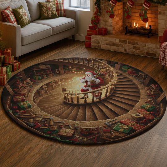 Discover 3D Santa Workshop Rug, Rustic Wood Spiral Staircase Carpet, Christmas Toy Shop Illusion Floor Mat, Cozy Holiday Home Decor Gift