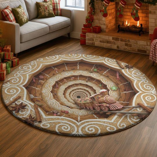 Discover 3D Gingerbread Swirl Tunnel Rug, Holiday Candy Spice Illusion Carpet, Cozy Christmas Train Round Floor Mat, Festive Winter Home Decor