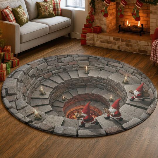 Discover 3D Stone Layer Tunnel Rug, Gnome Stairway Illusion Christmas Carpet, Warm Candle Holiday Round Floor Mat, Festive Winter Decor