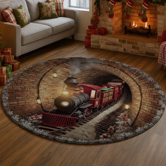 Christmas Train Village 3D Illusion Rug, Holiday Tunnel Carpet, Festive Railway Decor Mat, Cozy Winter Home Rug, Xmas Gift