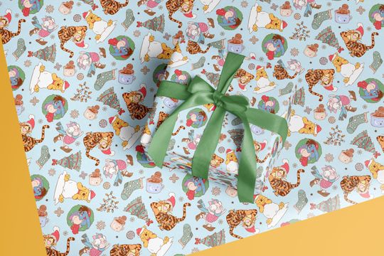 Discover Blue Christmas Wrapping Paper, Winnie the Pooh Holiday Gift Wrap with Tigger and Friends