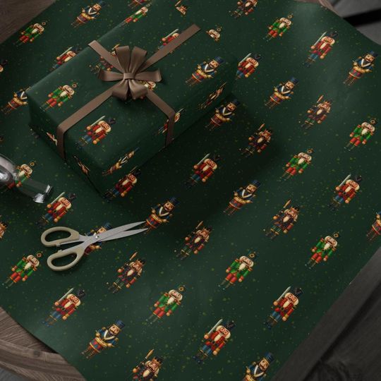 Nutcracker Christmas Wrapping Paper on Deep Forest Green Elegant Vintage Toy Soldier Gift Wrap for Presents Classic Holiday Style