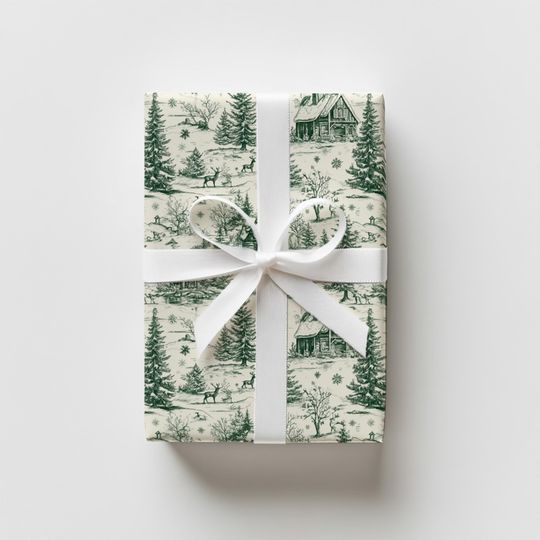 Discover Christmas Wrapping Paper, Green Toile de Jouy Gift Wrap, Luxury Premium