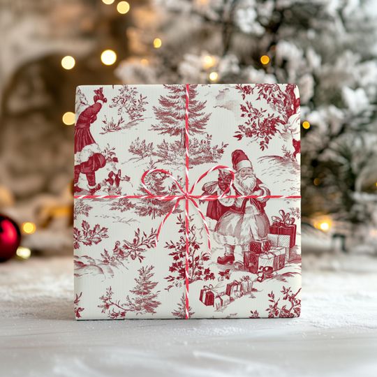 Discover Cranberry Red Toile Christmas Wrapping Paper: Vintage French Santa Print