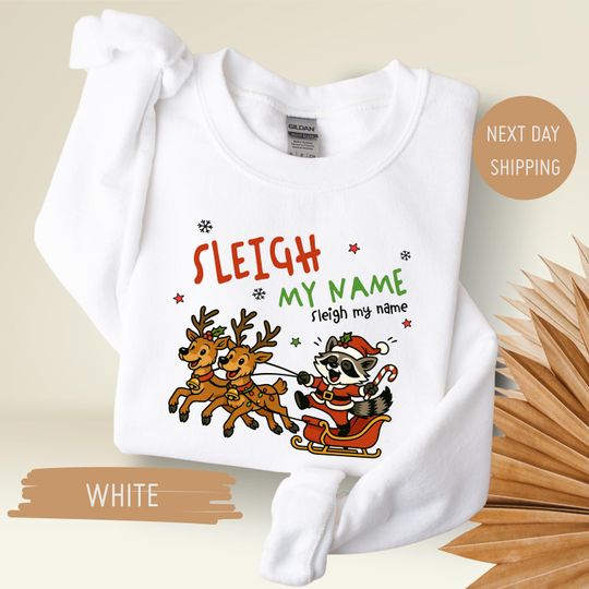 Discover Sleigh My Name Sweatshirt, Retro Christmas Raccoon Sweater, Festive Holiday Hoodie, Winter Christmas Sweater