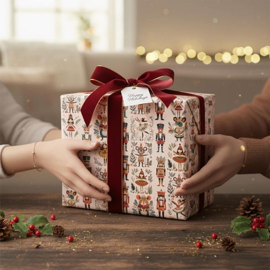 Nutcracker Wrapping Paper, Christmas Gift Wrap Sheet, Ballet Mouse King Soldier for xmas Pattern