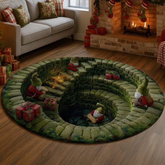 Discover 3D Illusion Christmas Gnome Well Rug, Stone Staircase Carpet, Holiday Gnome Decor, Festive Floor Mat, Red Green Xmas Home Gift