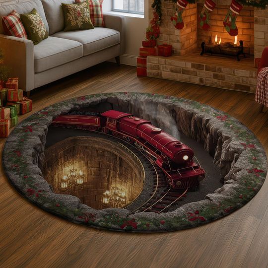 Discover 3D Illusion Red Christmas Train Rug, Tunnel Scene Carpet, Magical Holiday Locomotive Mat, Festive Xmas Home Decor, Unique Gift