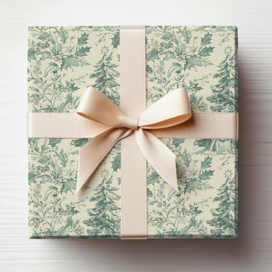 Discover Vintage Christmas Toile Wrapping Paper Roll Vintage Christmas Tree Gift Wrap Roll Antique Christmas Tree Wrapping Paper Sage Green Toile
