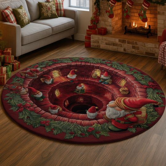Discover 3D Illusion Gnome Santa Rug, Red Brick Well Carpet, Holiday Garland Decor, Festive Xmas Floor Mat, Unique Christmas Gift Idea